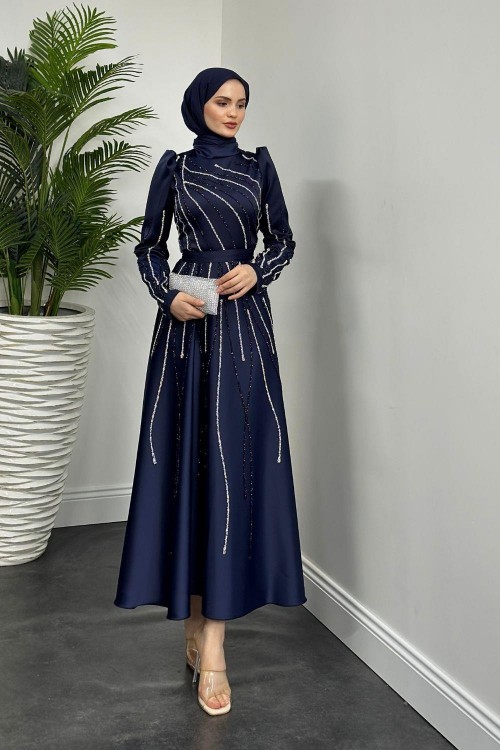 Azelea Saten Taşlı Abiye Lacivert