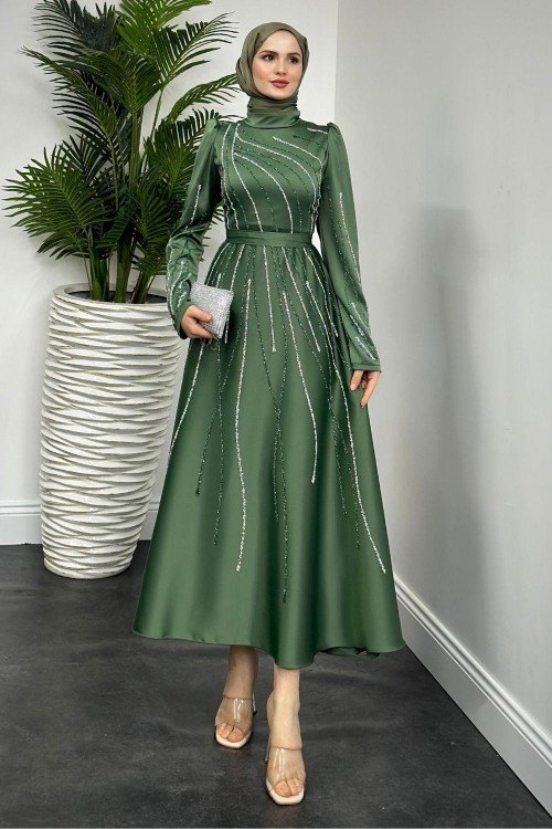 Azelea Saten Taşlı Abiye Mint Yeşili