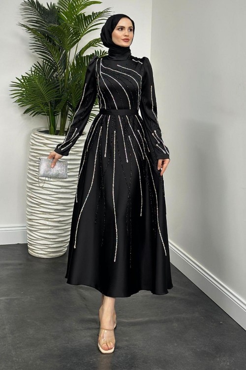 Azelea Saten Taşlı Abiye Siyah