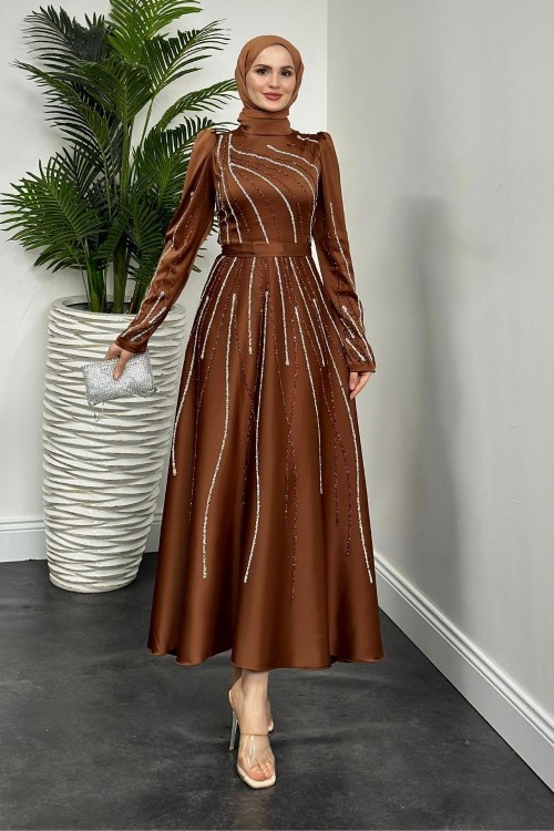 Azelea Saten Taşlı Abiye Taba