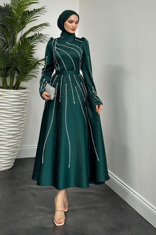 Azelea Saten Taşlı Abiye Zümrüt