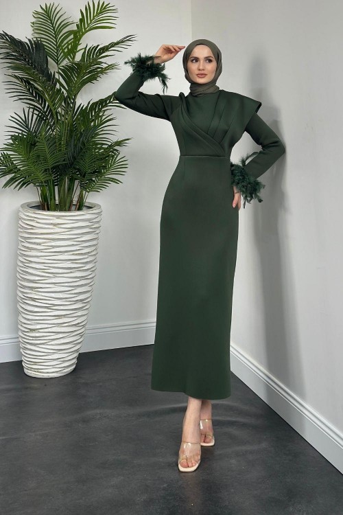 Azelya Kolları Tüylü Scuba Abiye Haki