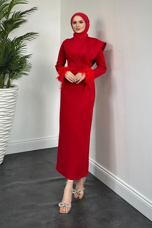 Azelya Kolları Tüylü Scuba Abiye Kırmızı