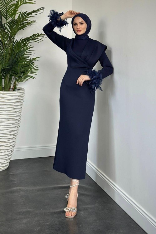 Azelya Kolları Tüylü Scuba Abiye Lacivert