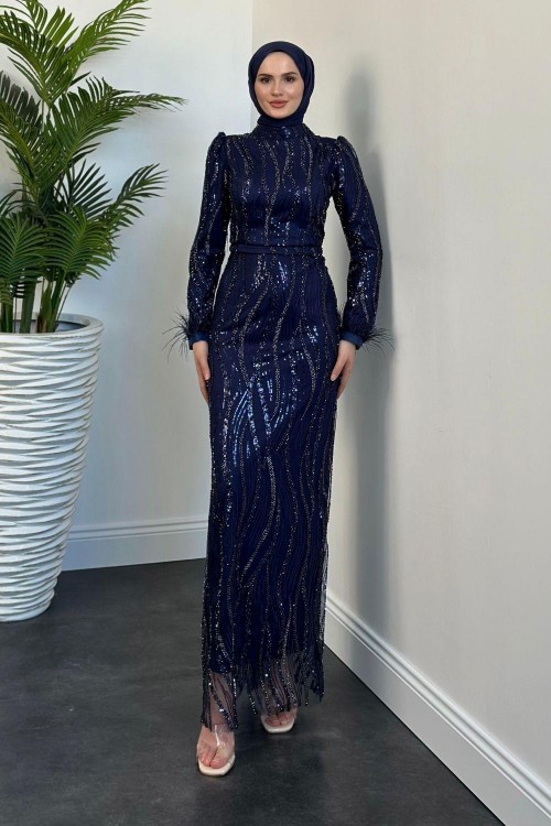 Azzura Pul Detay Abiye Lacivert