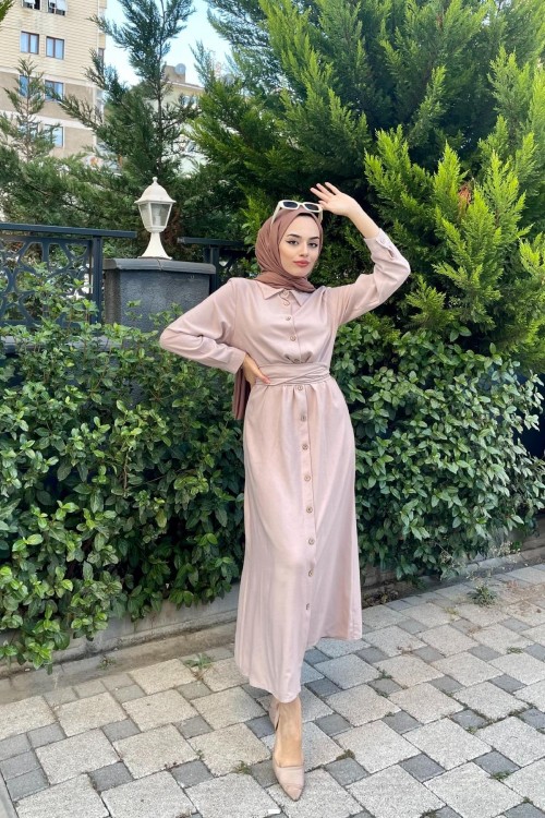Bağlamalı Düğmeli Elbise Bej