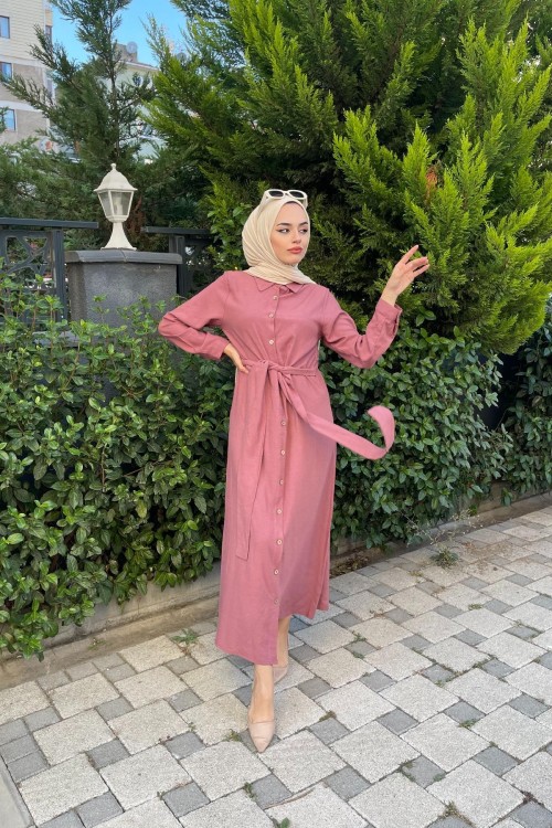 Bağlamalı Düğmeli Elbise Gül Kurusu