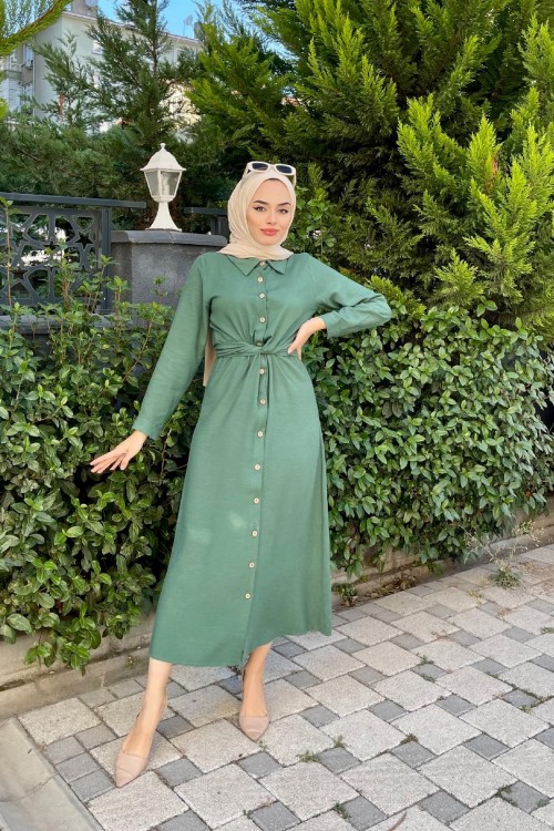 Bağlamalı Düğmeli Elbise Yeşil