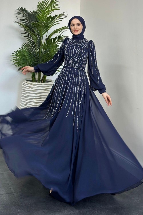 Balbina Taşlı Mevlana Şifon Abiye Lacivert