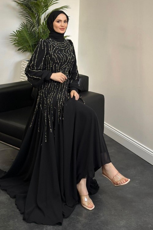 Balbina Taşlı Mevlana Şifon Abiye Siyah