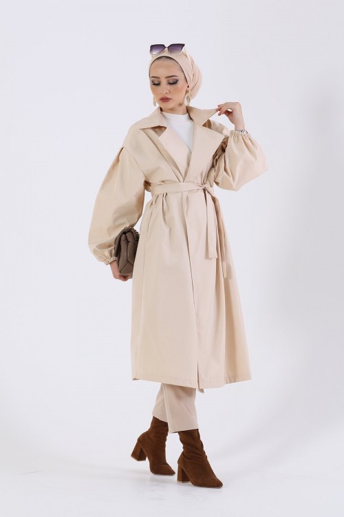 Balon Kol Belden Bağlamalı Trençkot Bej