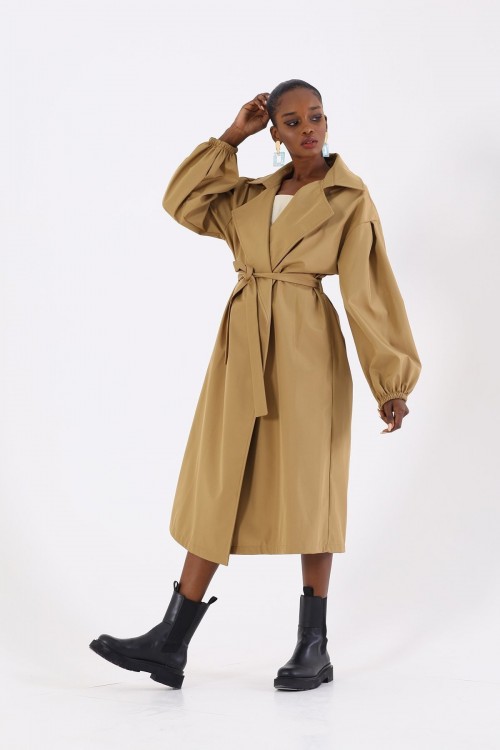 Balon Kol Belden Bağlamalı Trençkot Camel