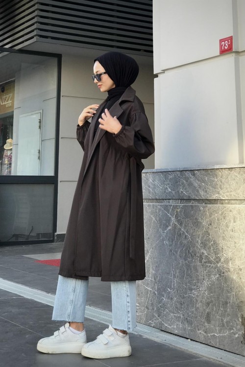 Balon Kol Belden Bağlamalı Trençkot Kahverengi