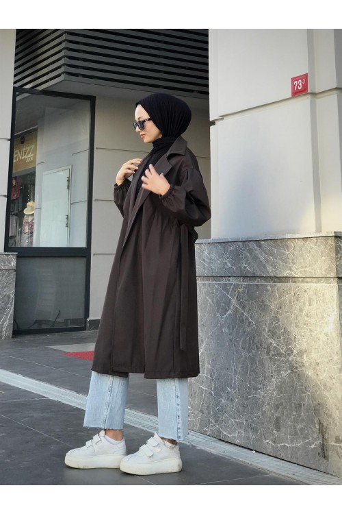 Balon Kol Belden Bağlamalı Trençkot Kahverengi