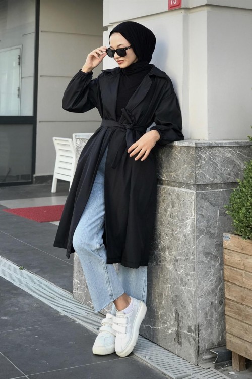 Balon Kol Belden Bağlamalı Trençkot Siyah