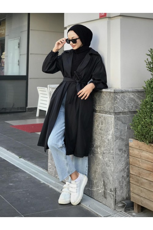 Balon Kol Belden Bağlamalı Trençkot Siyah