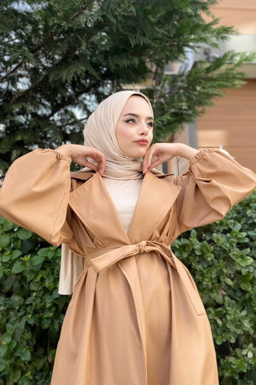 Balon Kol Belden Bağlamalı Trençkot Sütlü Kahve