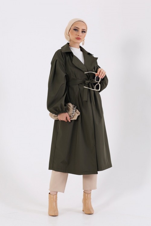 Balon Kol Belden Bağlamalı Trençkot Yeşil