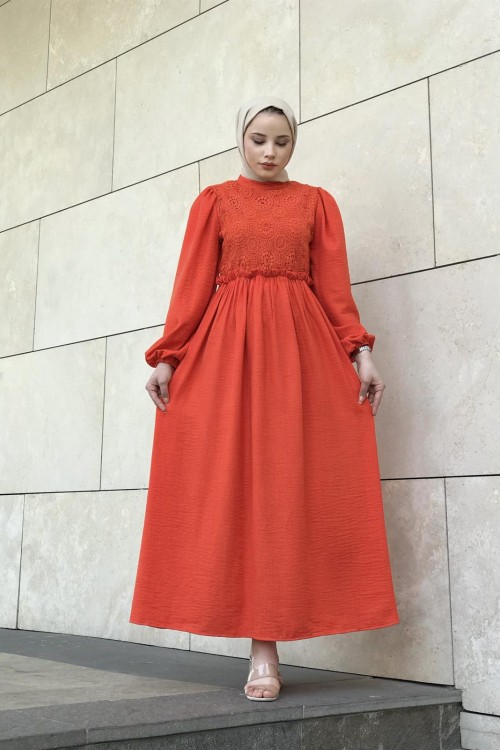 Balon Kol Beli Lastikli Güpür Detay Elbise Turuncu