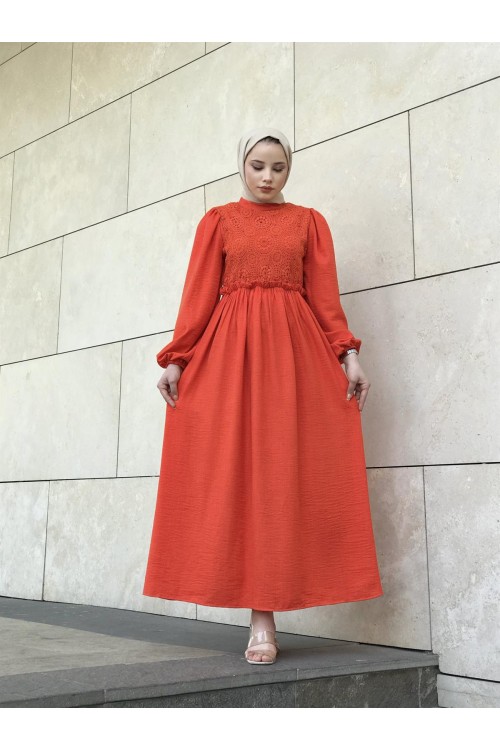 Balon Kol Beli Lastikli Güpür Detay Elbise Turuncu