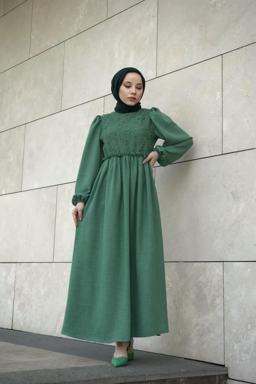 Balon Kol Beli Lastikli Güpür Detay Elbise Yeşil