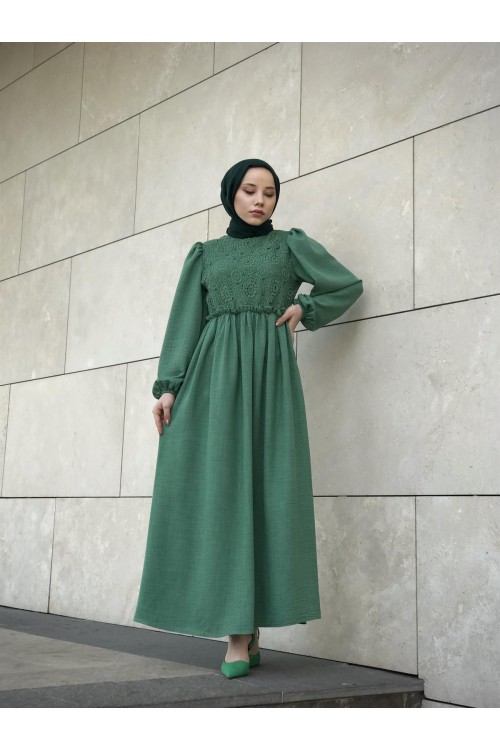 Balon Kol Beli Lastikli Güpür Detay Elbise Yeşil