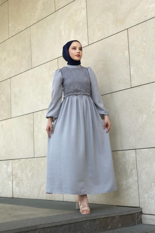 Balon Kol Beli Lastikli Güpür Detay Elbise Gri