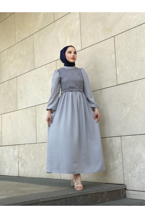 Balon Kol Beli Lastikli Güpür Detay Elbise Gri