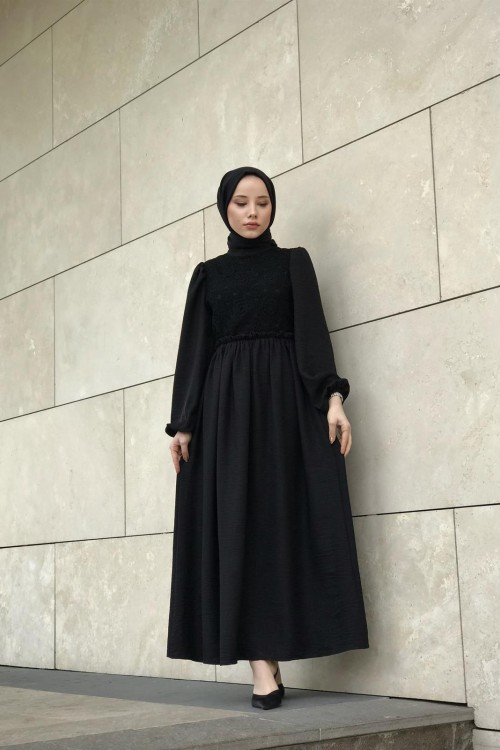 Balon Kol Beli Lastikli Güpür Detay Elbise Siyah