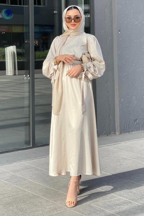 Balon Kol Kemerli Saten Elbise Bej