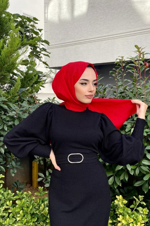 Balon Kol Kemerli Triko Elbise Siyah