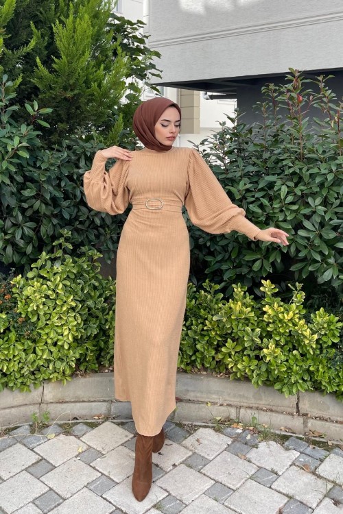 Balon Kol Kemerli Triko Elbise Sütlükahve