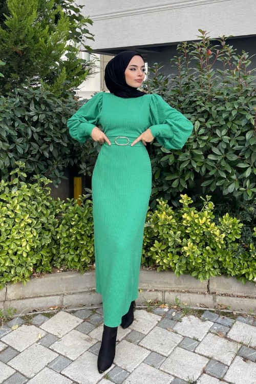 Balon Kol Kemerli Triko Elbise Yeşil