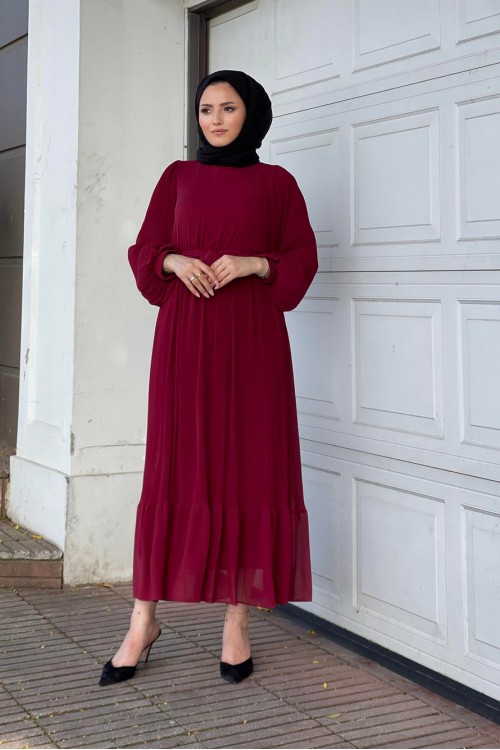 Balon Kol Piliseli Kuşaklı Elbise Bordo