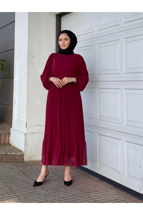 Balon Kol Piliseli Kuşaklı Elbise Bordo