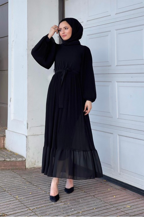 Balon Kol Piliseli Kuşaklı Elbise Siyah