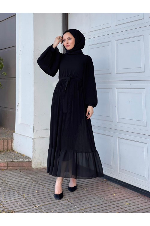 Balon Kol Piliseli Kuşaklı Elbise Siyah