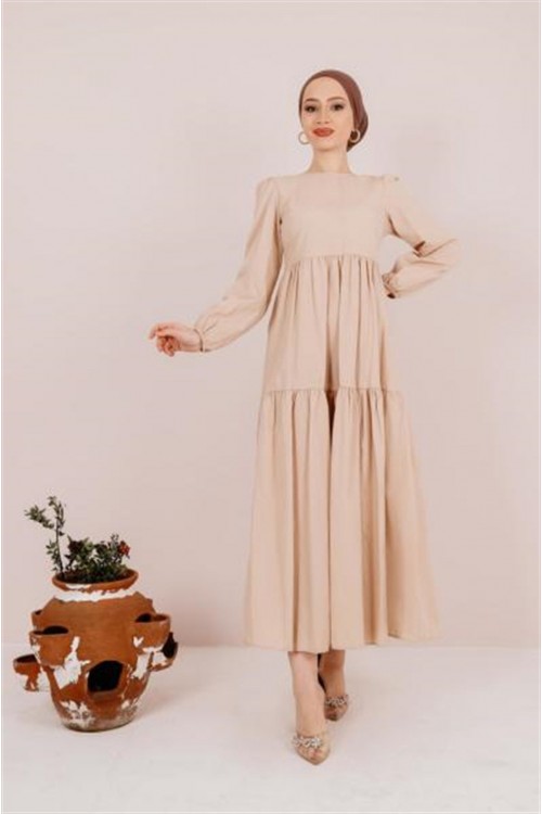 Balon Kol Poplin Elbise Taş