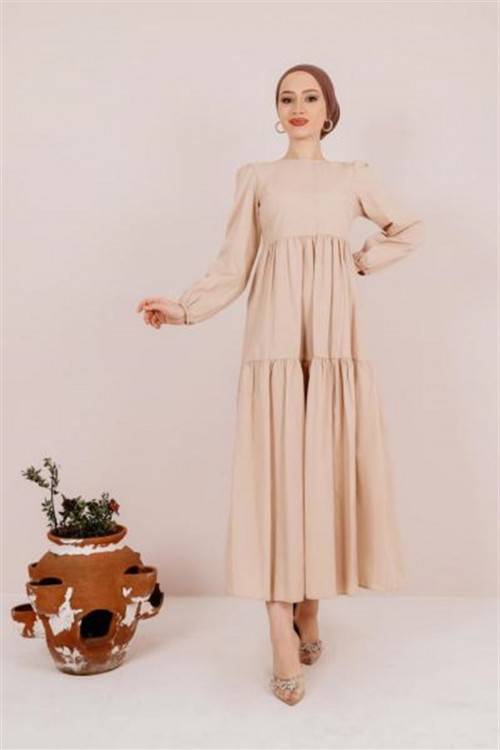 Balon Kol Poplin Elbise Taş