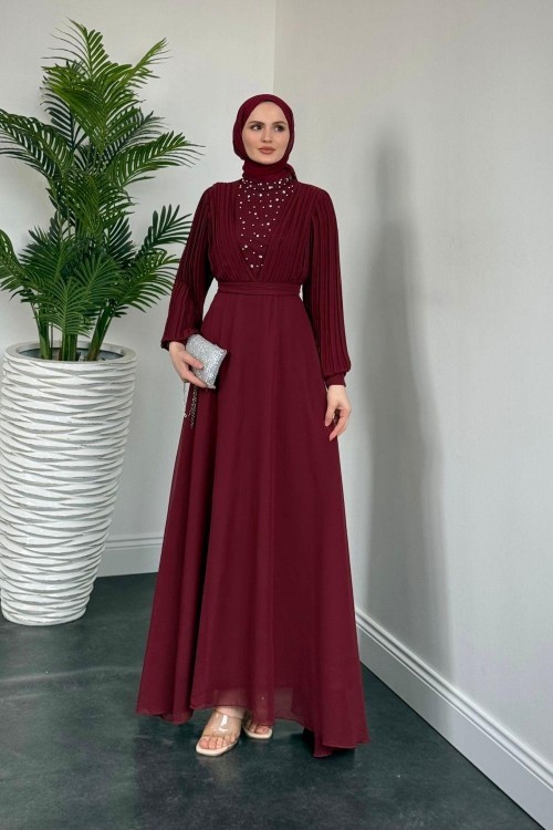 Barniy Önü Taşlı Abiye Bordo