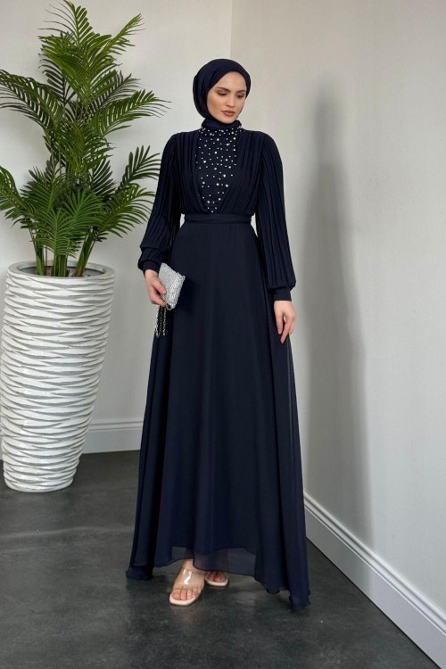 Barniy Önü Taşlı Abiye Lacivert