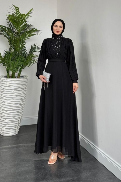 Barniy Önü Taşlı Abiye Siyah