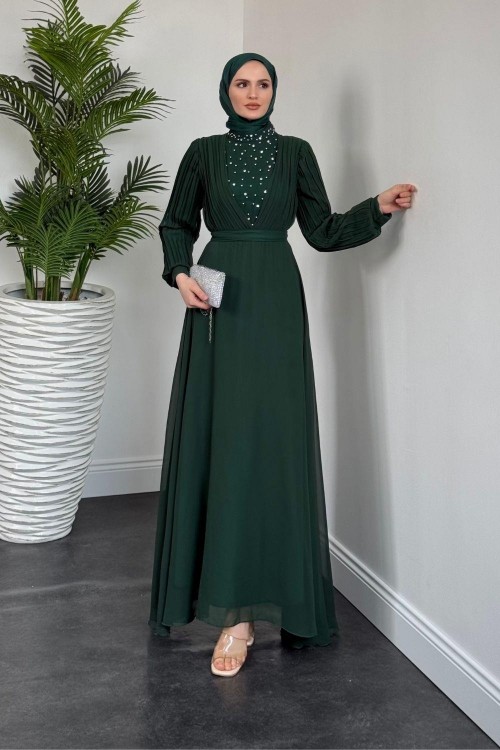 Barniy Önü Taşlı Abiye Zümrüt