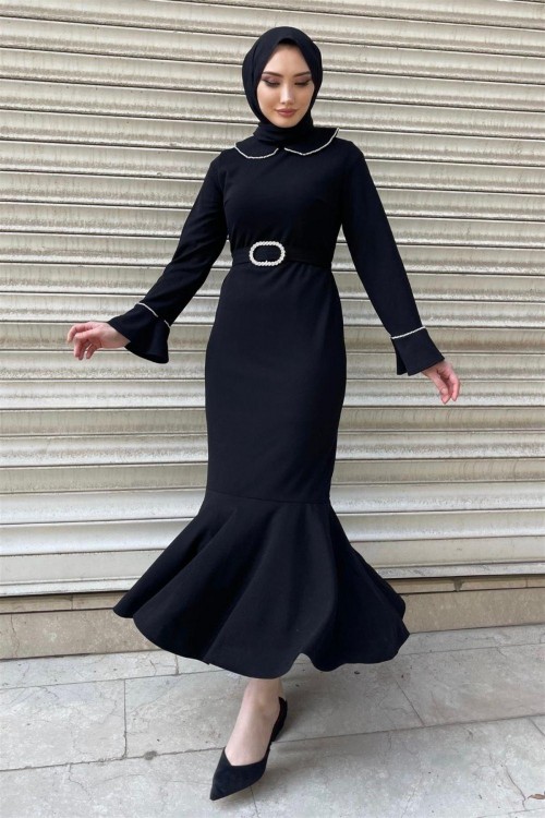 Bebe Yaka Taşlı Krep Elbise Siyah