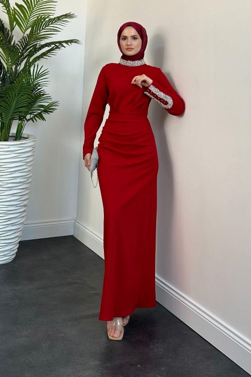 Belary Kolu Ve Boynu Taşlı Abiye Kırmızı