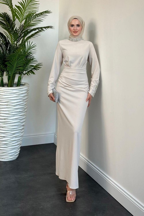 Belary Kolu Ve Boynu Taşlı Abiye Krem