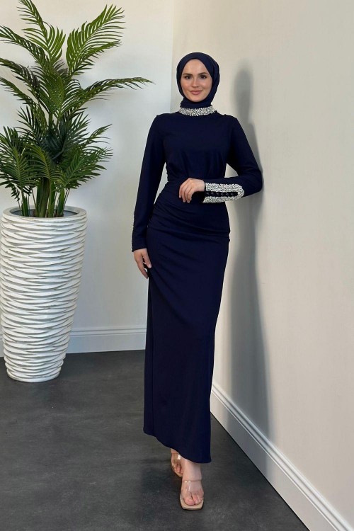 Belary Kolu Ve Boynu Taşlı Abiye Lacivert