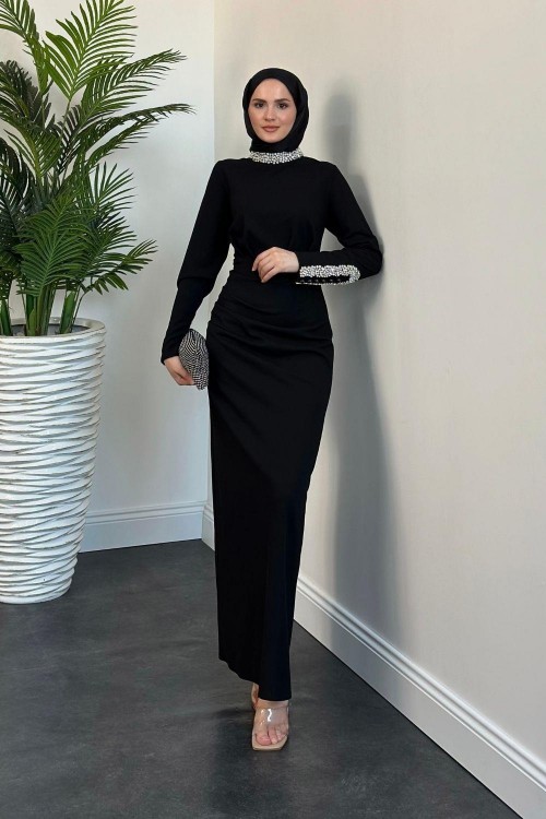 Belary Kolu Ve Boynu Taşlı Abiye Siyah