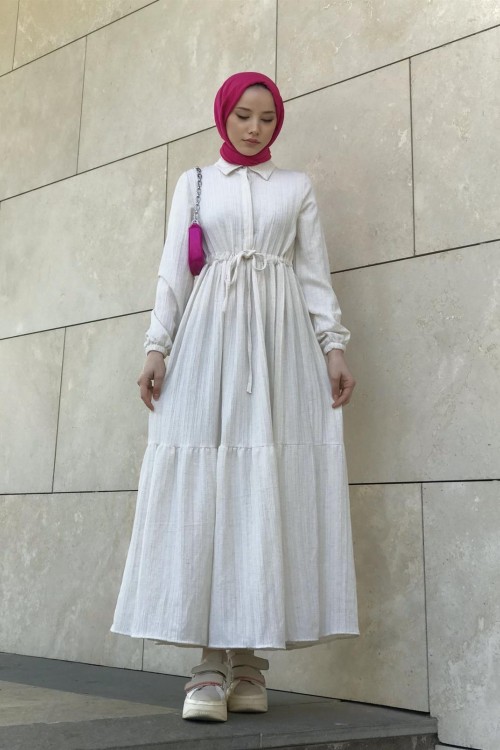 Beli Bağcıklı Gömlek Yaka Merven Elbise Beyaz