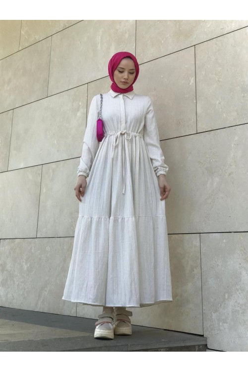 Beli Bağcıklı Gömlek Yaka Merven Elbise Beyaz